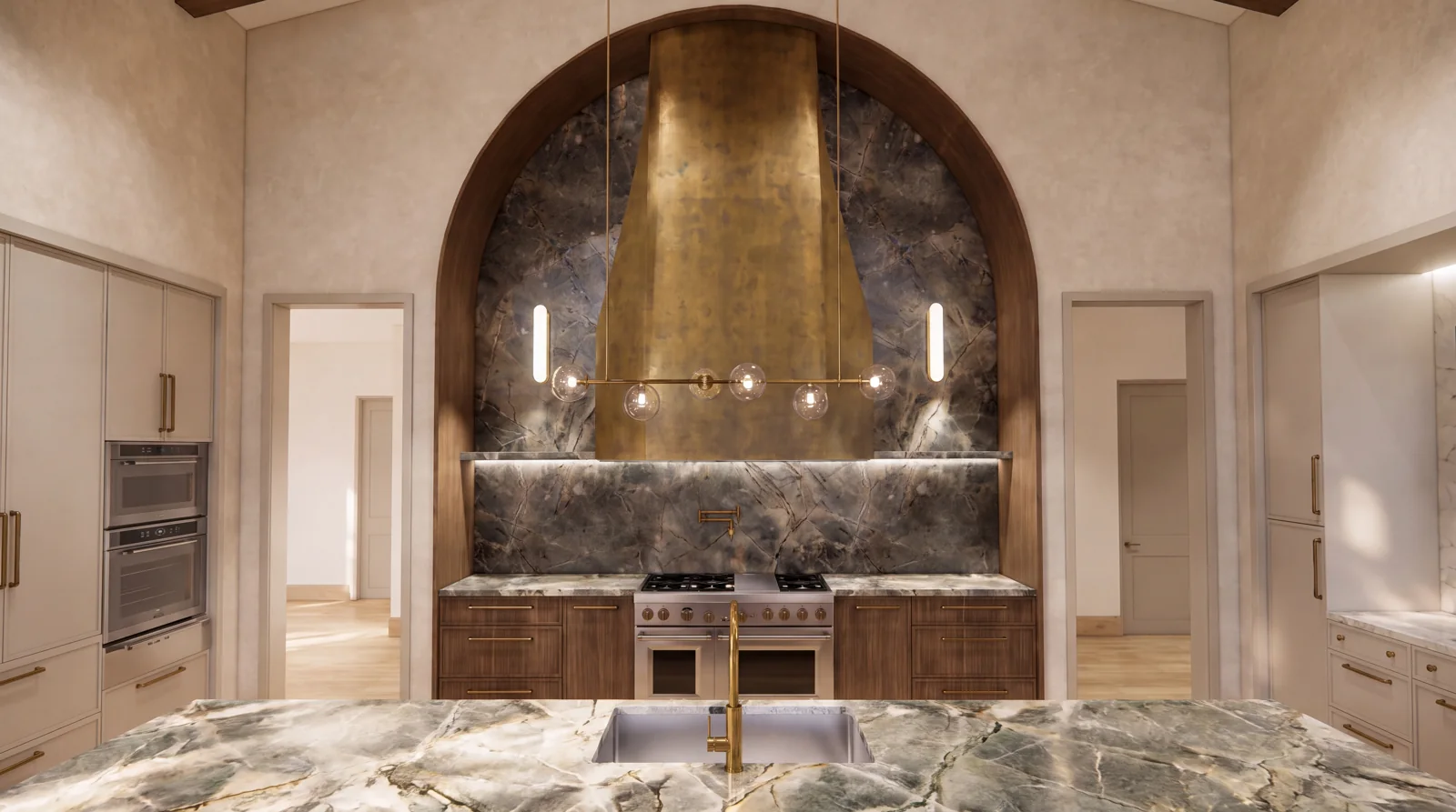 The kitchen rendering shows a sculptural brass hood, stone island and walnut cabinetry