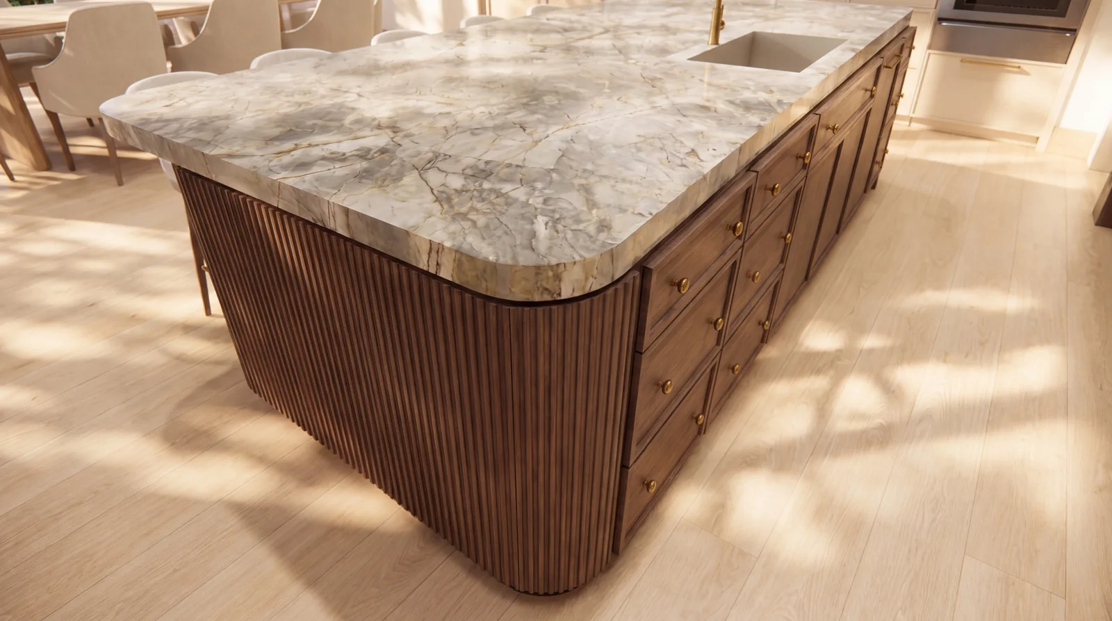 A stone kitchen island with fluted walnut joinery