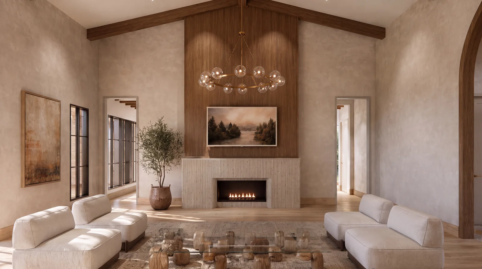 A vaulted great room with timber beams and a stone fireplace