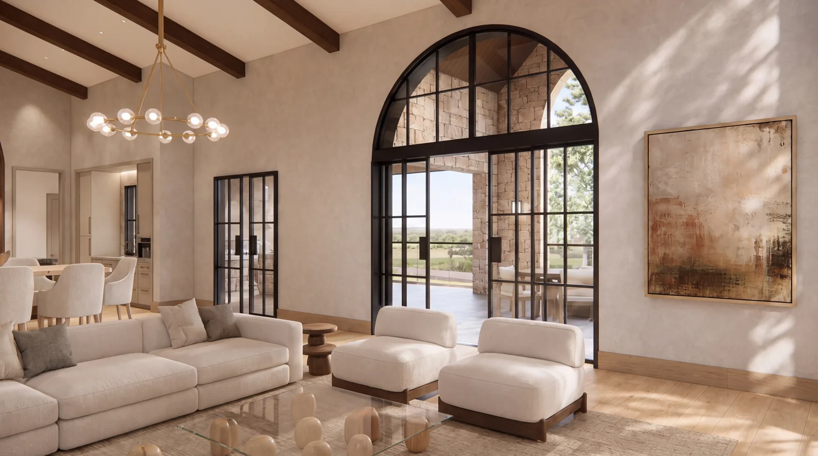 Great room rendering with vaulted timber ceiling and arched doors to the porch