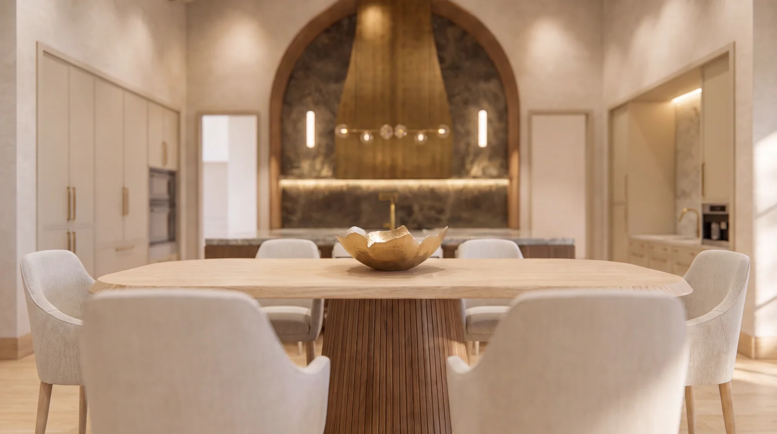 The dining table and kitchen under a warm timber ceiling