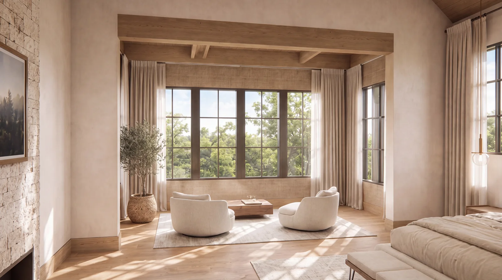 The primary suite sitting bay filled with daylight