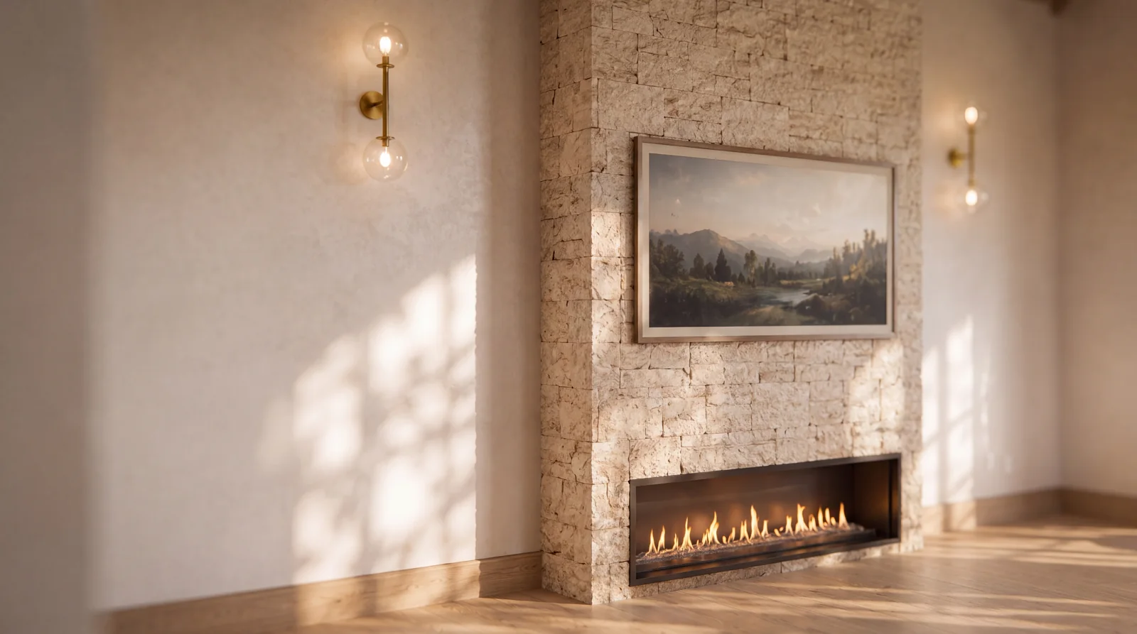 The primary bedroom fireplace in soft afternoon light