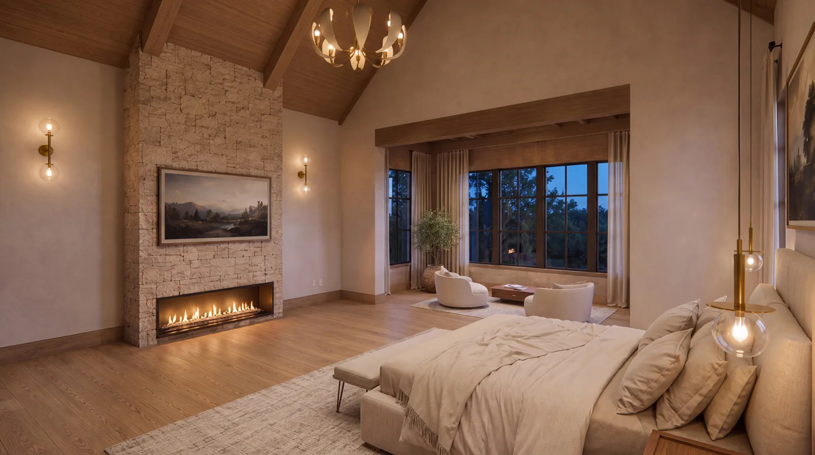 The primary bedroom with its fireplace lit at dusk