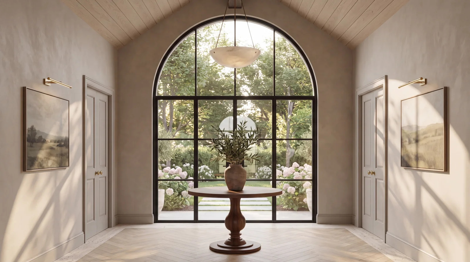 The foyer looking toward the arched front entry