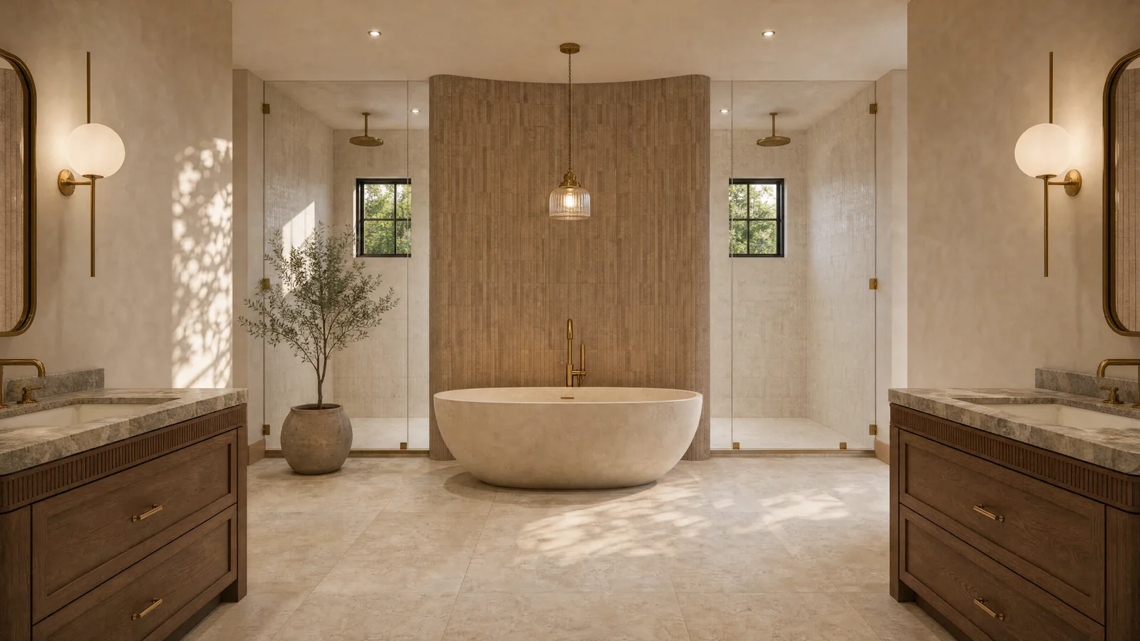 A freestanding bathtub framed by warm stone and arched architecture