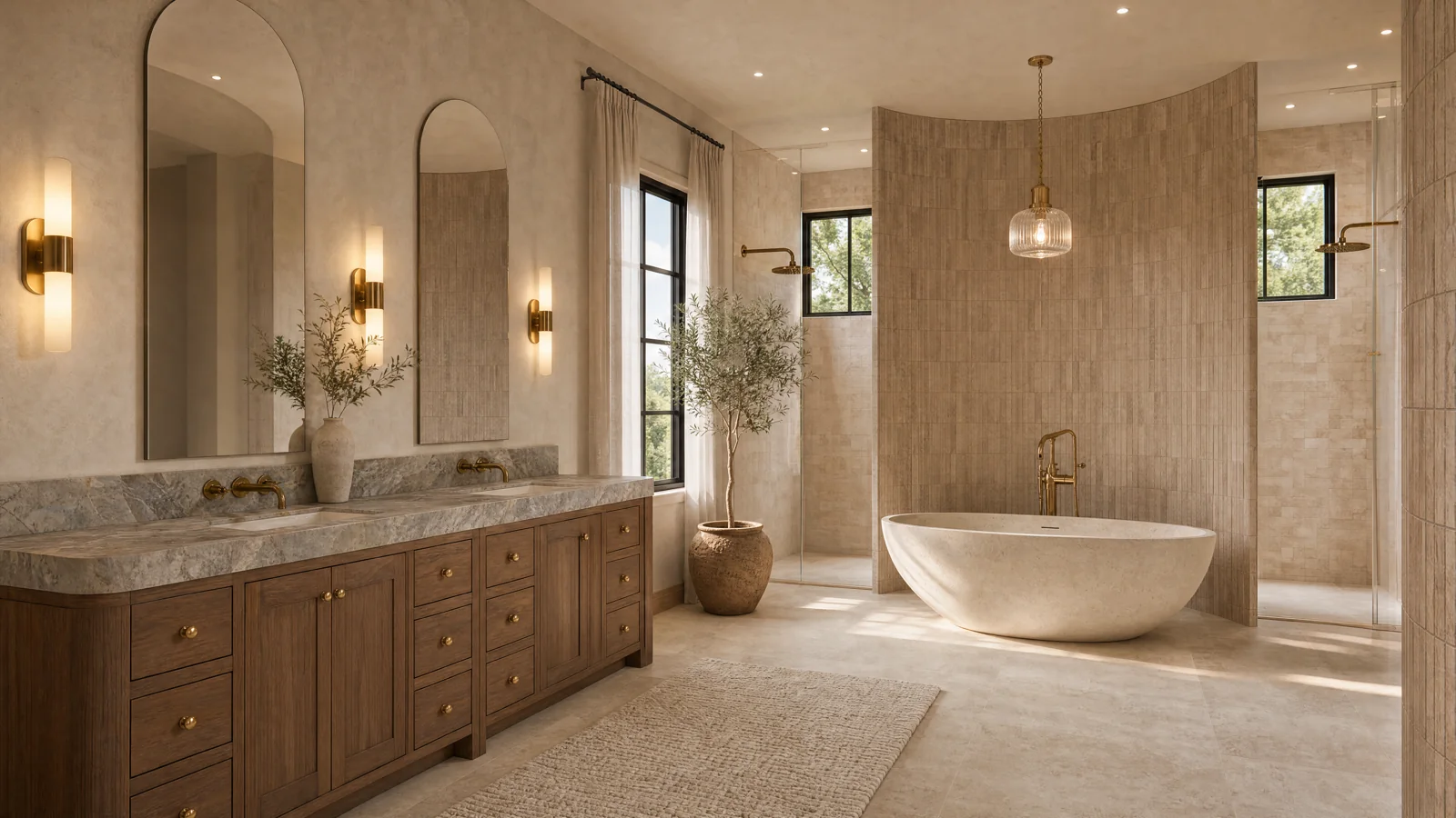 A walnut vanity, paired mirrors and the primary bathtub