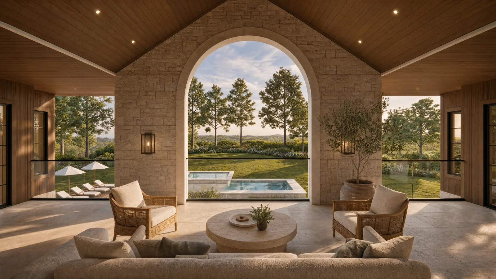 A covered porch overlooking the pool and garden