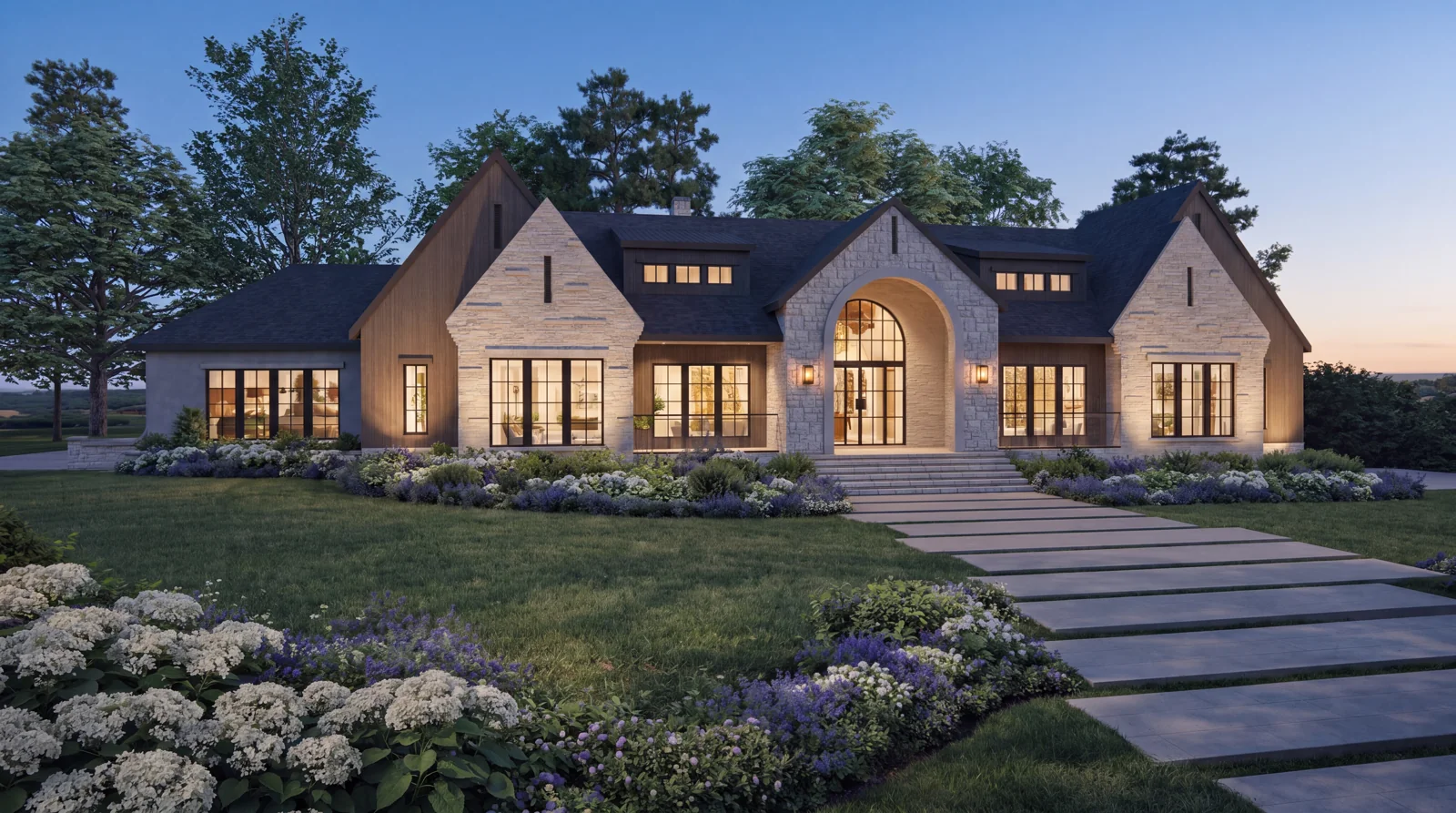 Architectural rendering of 715 Davis Drive at dusk, with a broad stone façade and an arched entrance