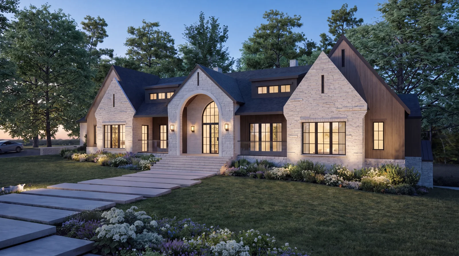 A view of the front elevation from the right at dusk