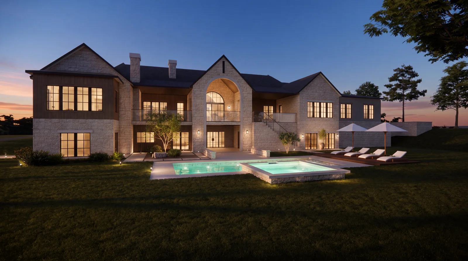 Architectural rendering of the illuminated pool, spa and rear elevation at night