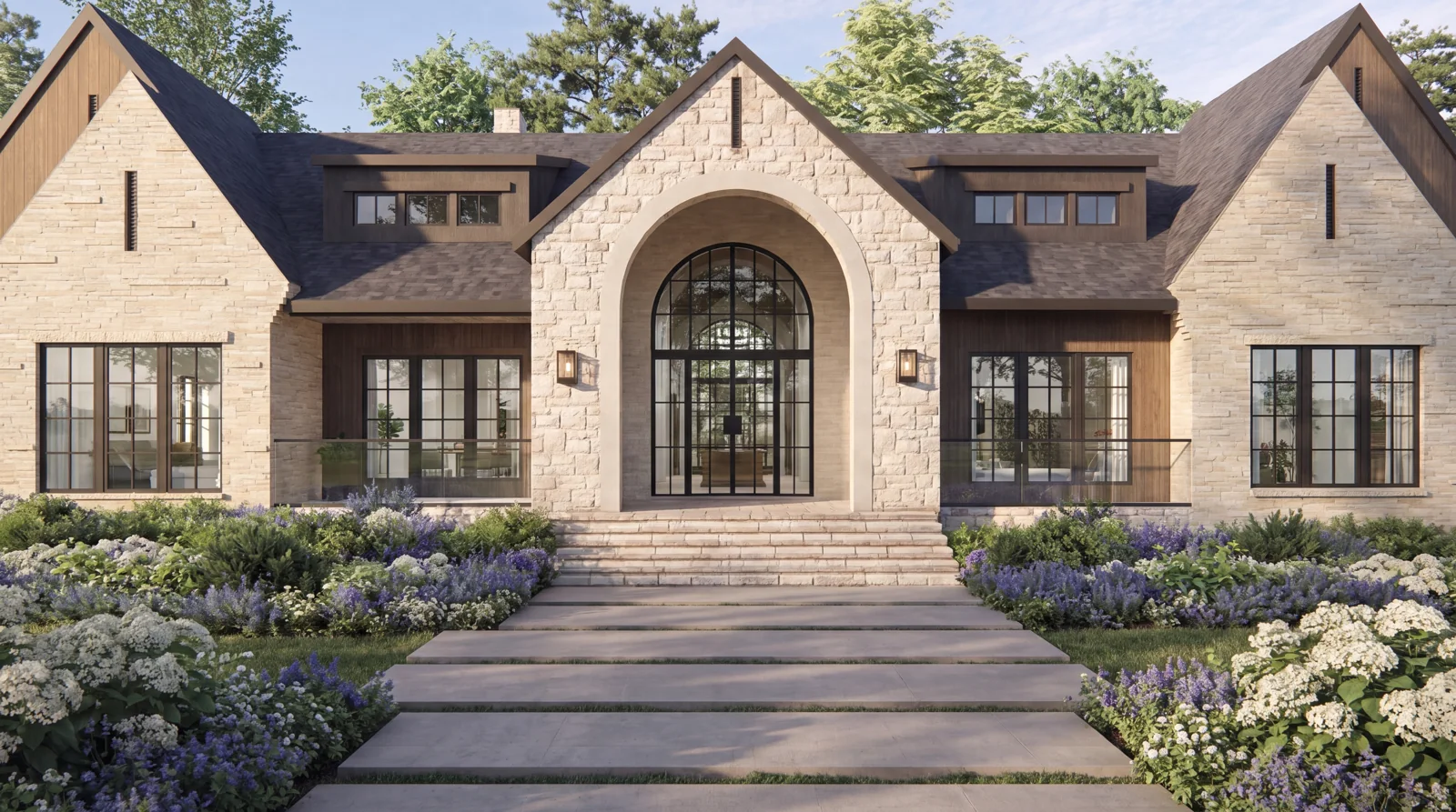 The arched stone entrance and landscaped front walk