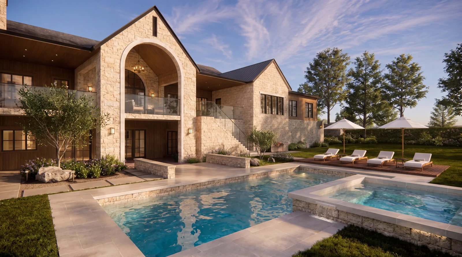 A swimming pool and raised spa beside the stone exterior